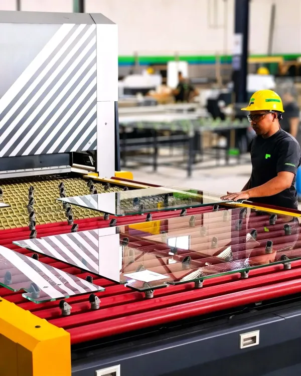 Operario de FRALCA con láminas de vidrio en la mesa del horno de templado